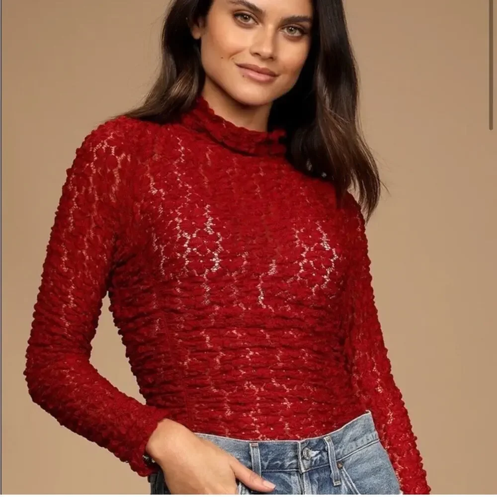 Intimately Free People Day N Night holly berry red lace bodysuit size Small NWT
